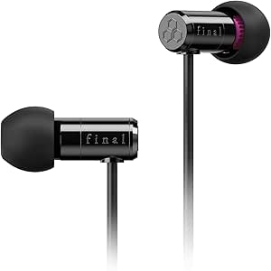Close-up of the black Final E500 in-ear earphones showing both earbuds and the connecting cable.