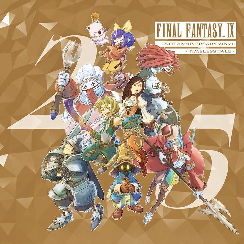 Album cover illustration of multiple Final Fantasy IX characters on a gold geometric background with the text 'FINAL FANTASY IX 25th Anniversary Vinyl - Timeless Tale.'