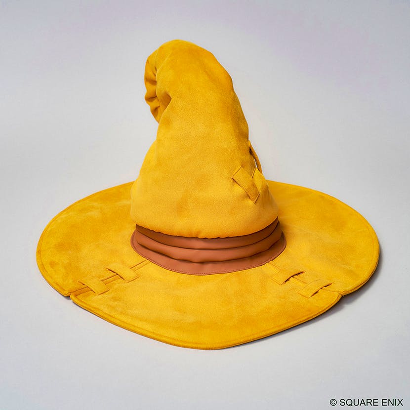 Yellow Vivi-style wizard hat from Final Fantasy IX with a wide brim and brown band on a light background.