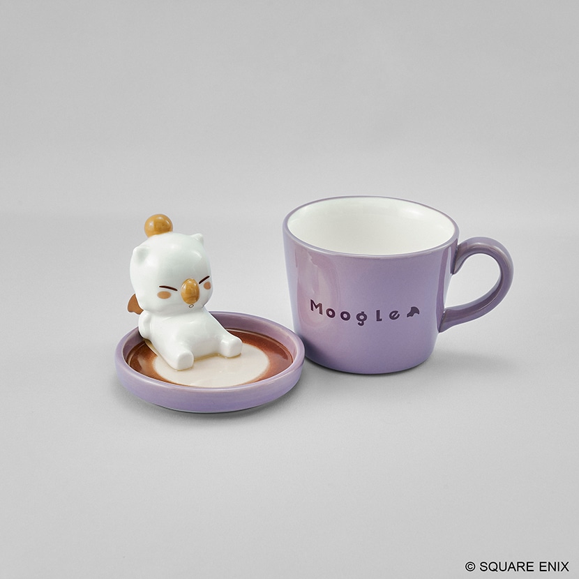 Purple ceramic mug labeled "Moogle" shown next to its matching lid holding a white Moogle figurine.