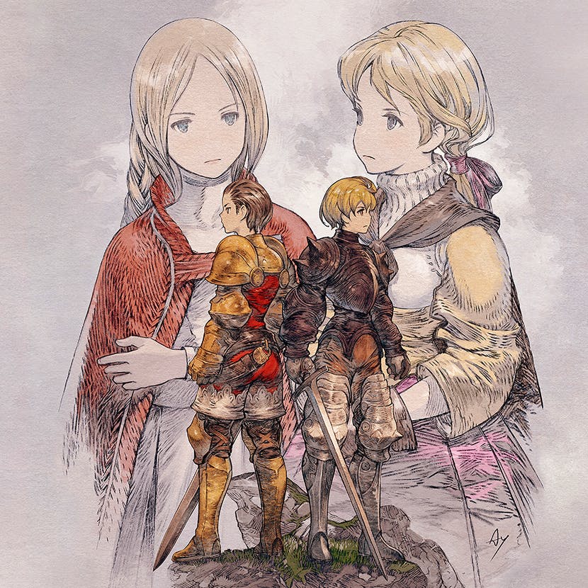Cover artwork for the FINAL FANTASY TACTICS vinyl soundtrack depicting two armored warriors with swords standing before two larger sketched figures.