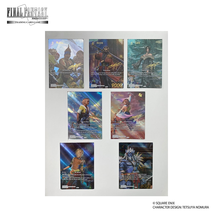 Seven Final Fantasy X trading cards arranged on a white background with the Final Fantasy Trading Card Game logo in the top-left.