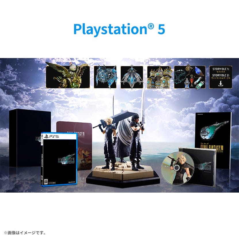 PS5 Final Fantasy VII Revelation collector's edition contents including a boxed set, PS5 game case, two character figures on a display base, a CD, and an art book.