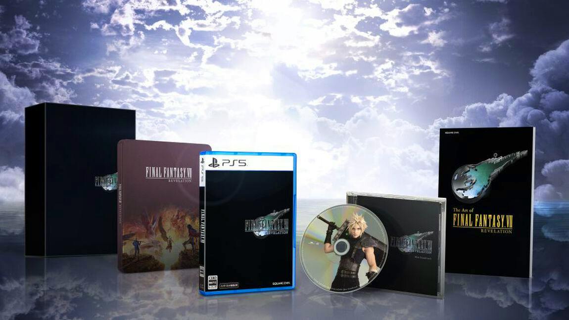 Photograph of the PS5 Final Fantasy VII Revelation Deluxe Edition set showing the PS5 game case, steelbook, disc, soundtrack CD, artbook, and outer box on a reflective surface with a cloudy background.