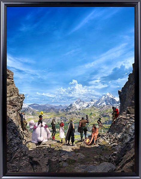 Framed art print showing the Final Fantasy VII Rebirth party members standing on a rocky ledge overlooking a mountain valley under a blue sky.