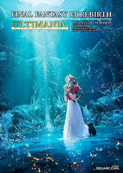 Cover artwork for FINAL FANTASY VII REBIRTH ULTIMANIA showing a woman standing in blue water with decorative underwater-like scenery and the title text at the top.