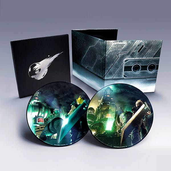 Two picture-disc vinyl records for FINAL FANTASY VII REMAKE displayed in front of a black sleeve and a metallic-themed outer box.