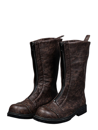 Pair of brown leather Zack Fair costume boots with front zippers photographed on a white background.