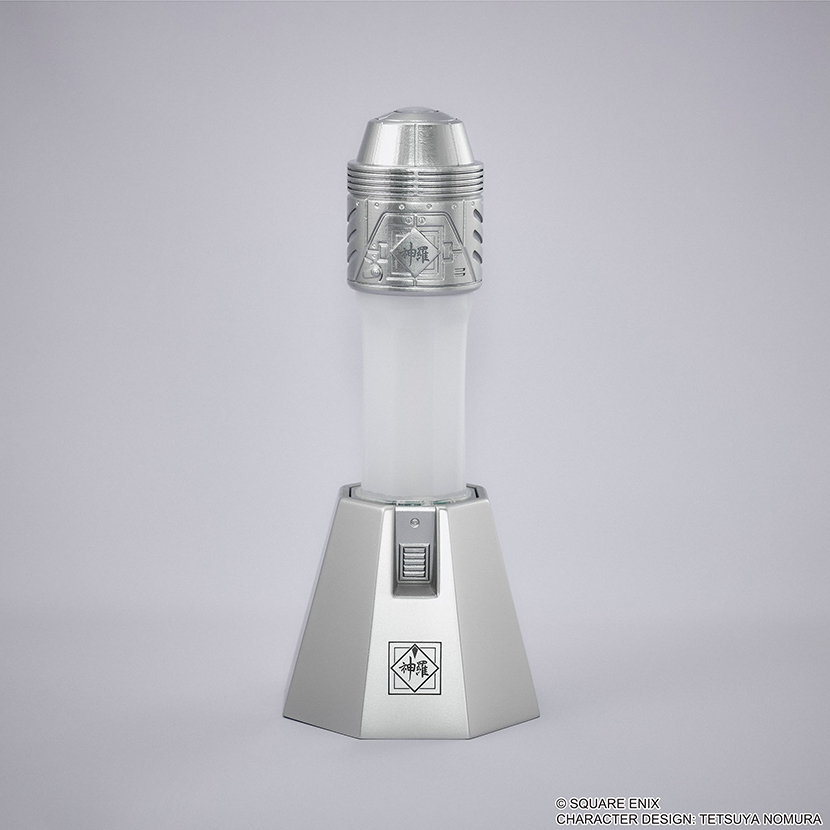 Final Fantasy VII potion-themed silver LED table lamp with a hexagonal base and frosted cylindrical light column on a neutral background.
