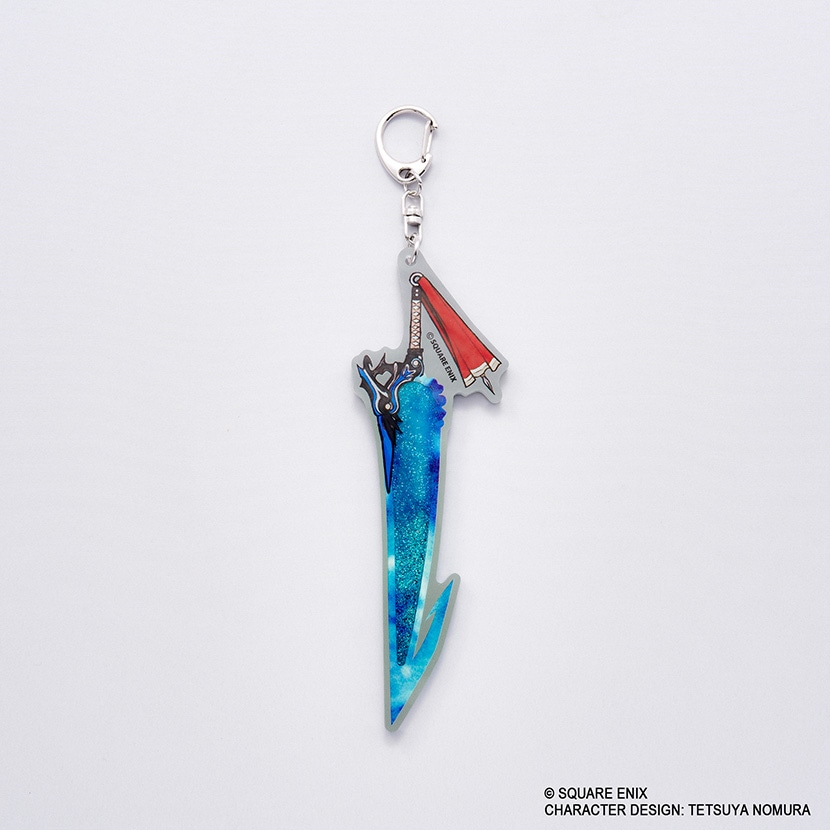 A Final Fantasy X zinc alloy keychain shaped like a sword with a blue glitter blade and a red tassel on a white background.