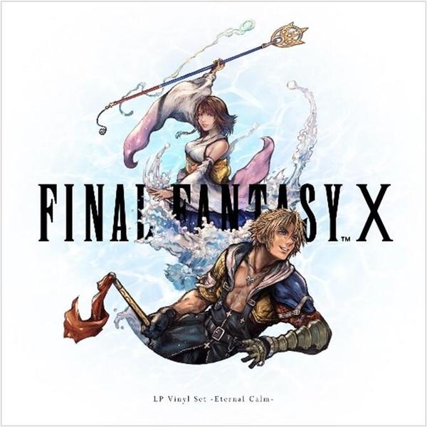Cover art for the FINAL FANTASY X LP Vinyl Set - Eternal Calm showing two illustrated characters and the title text on a white background.