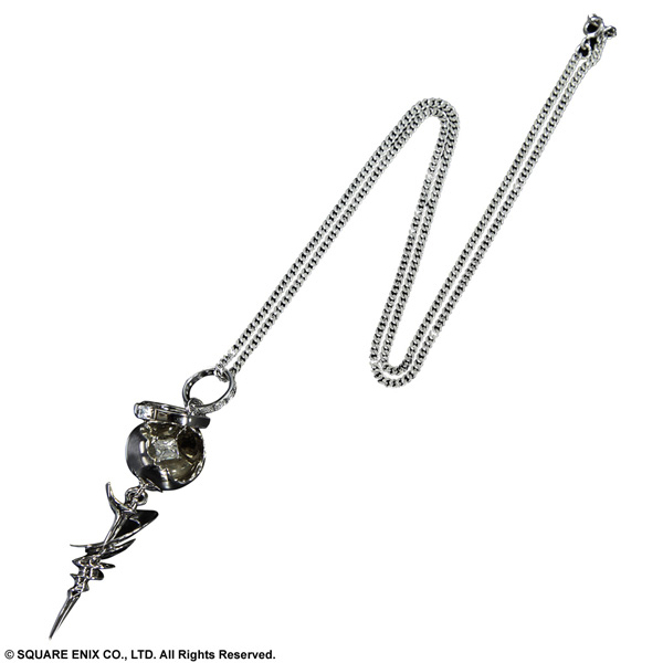 Silver-tone Final Fantasy XIII Engage pendant necklace (Serah) with chain laid flat on a white background.
