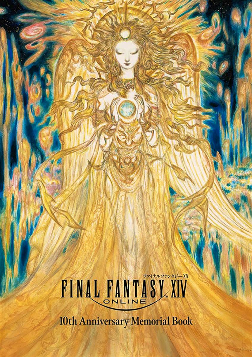Cover art of the Final Fantasy XIV 10th Anniversary Memorial Book showing a golden robed winged figure holding a glowing orb with the title and anniversary text.