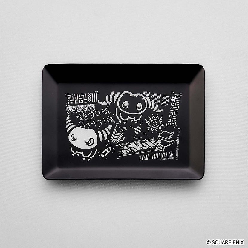 Rectangular black aluminum tray showing a white printed Final Fantasy XIV "Solution Nine" illustration and logo.