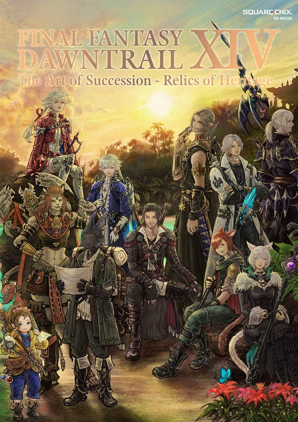 Cover art for the FINAL FANTASY XIV: DAWNTRAIL illustration book showing multiple characters grouped at sunset with the book title and branding at the top.