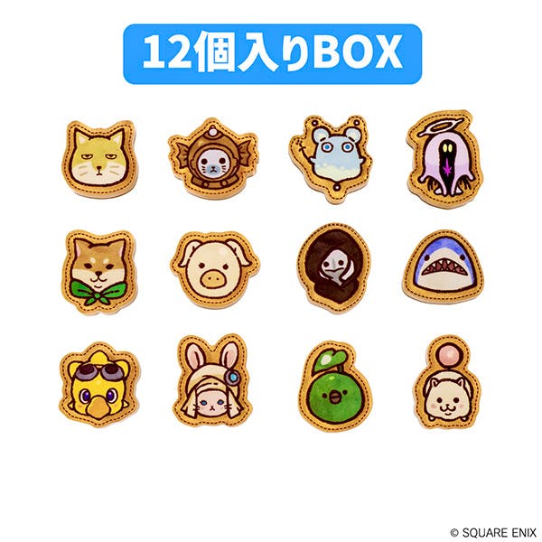 Twelve Final Fantasy XIV doodle-style minion acrylic magnets arranged on a white background with a "12個入りBOX" label.