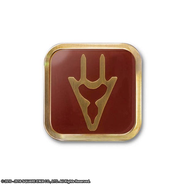 Square red and gold pin badge showing the Dragoon job emblem.
