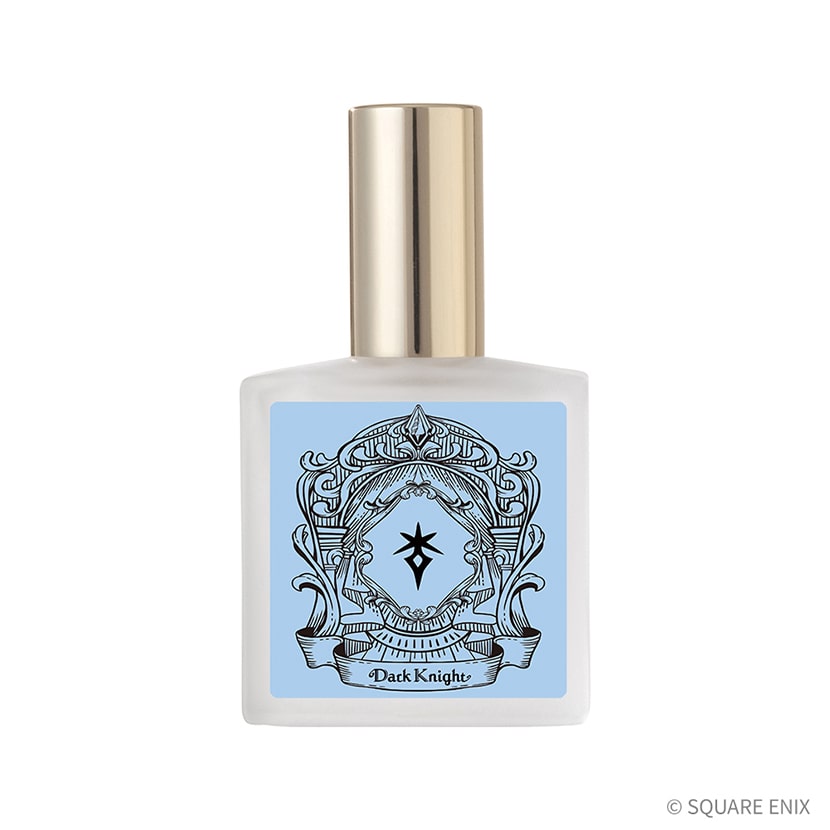 Front view of a glass perfume bottle with a gold cap and a light-blue "Dark Knight" label for Final Fantasy XIV.