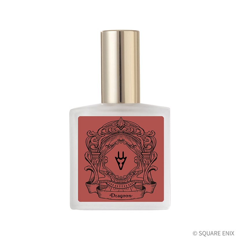 Front view of the glass bottle of Final Fantasy XIV "Dragoon" eau de parfum with a red decorative label and gold cap.