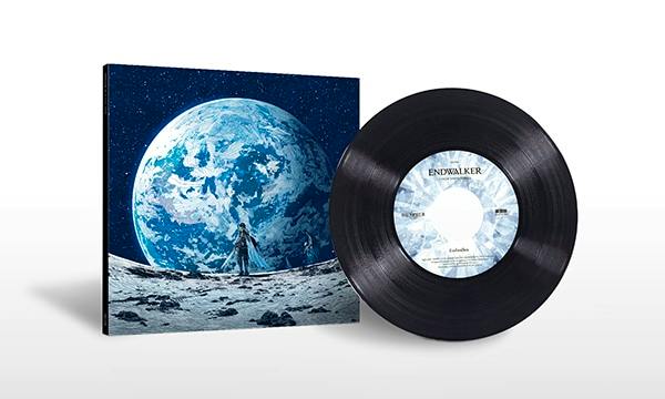 A 7-inch black vinyl single with the ENDWALKER label displayed next to its cover art showing a large blue planet.