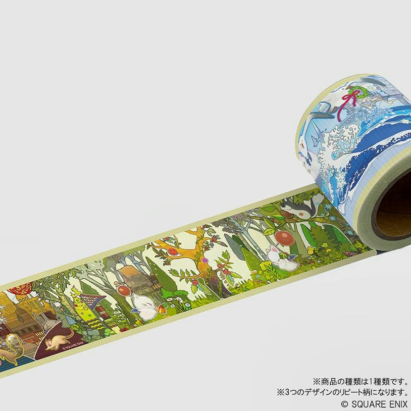 A roll of Final Fantasy XIV Eorzea three-nation masking tape unrolled to show colorful illustrated repeating scenes with Moogles and landscapes.