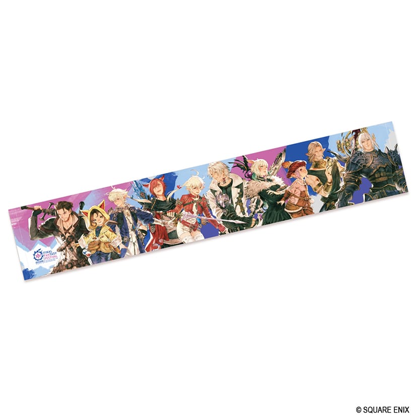 Final Fantasy XIV Fan Festival 2026 muffler towel showing a lineup of character illustrations on a blue and purple background.