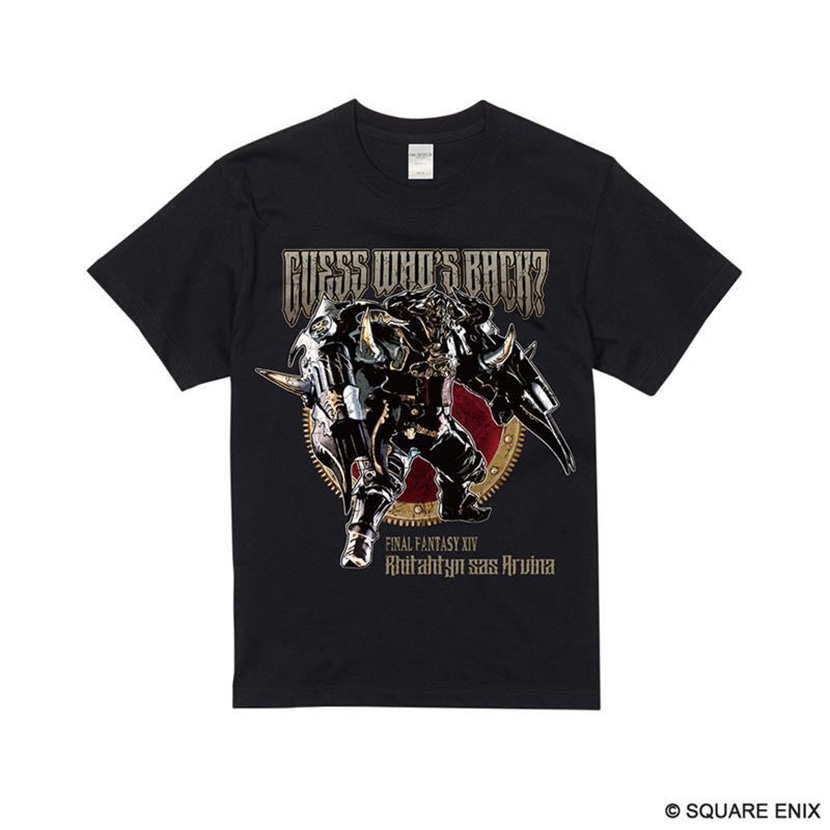 Front view of a black Final Fantasy XIV cotton T-shirt featuring a large graphic of an armored character and the text "GUESS WHO'S BACK?".