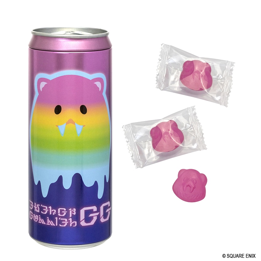 A Final Fantasy XIV “Energy Drink GG” style can shown next to two individually wrapped pink gummies and one unwrapped pink gummy.