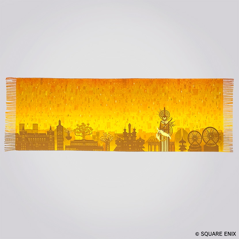 Flat-lay photo of the large Final Fantasy XIV printed scarf showing a yellow-orange gradient, cityscape motif, and fringe.