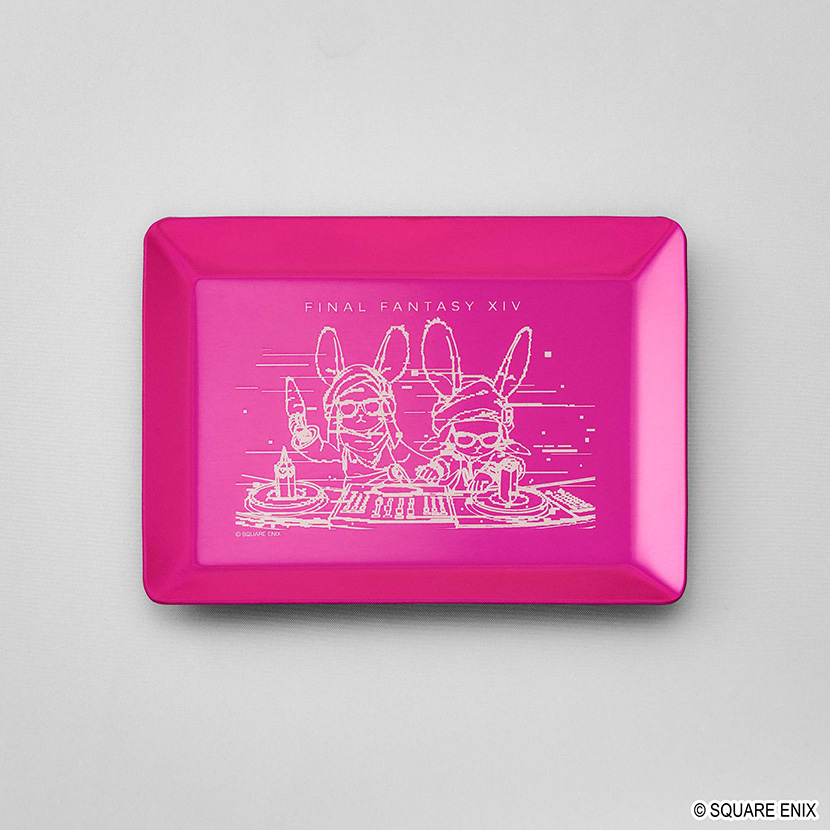 Pink rectangular aluminum tray with white "FINAL FANTASY XIV" text and line-art of two rabbit-eared characters.