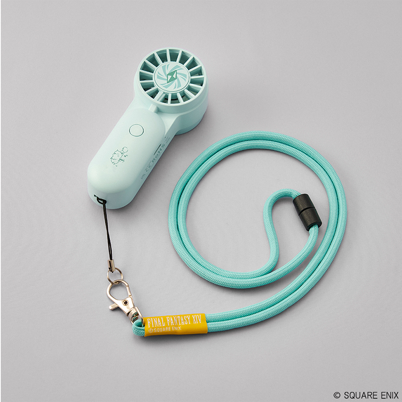 Mint-green Final Fantasy XIV mini handheld fan shown with a matching lanyard and metal clip on a gray background.