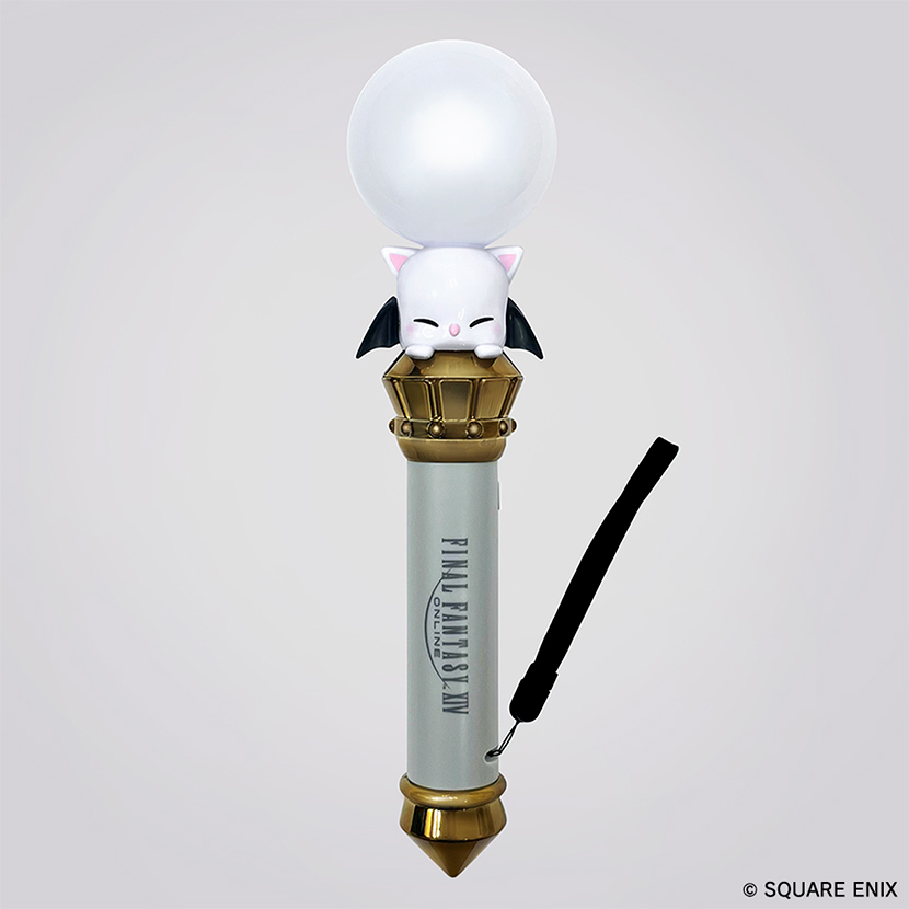 Handheld Final Fantasy XIV Moogle stick light with a white spherical lamp, silver handle with gold accents, and a black wrist strap.
