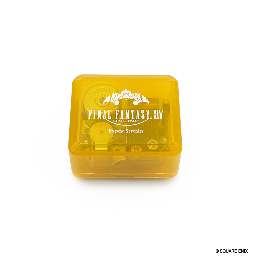 Translucent yellow square music box with the "FINAL FANTASY XIV" logo and "Bygone Serenity" text on the lid.