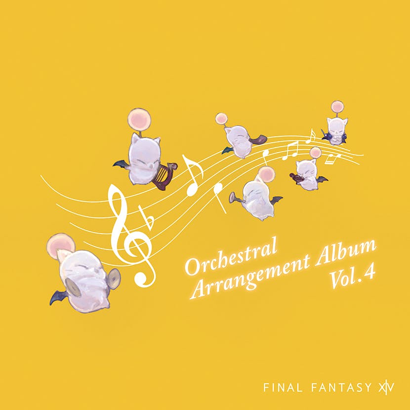 Yellow album cover art for FINAL FANTASY XIV Orchestral Arrangement Album Vol. 4 showing stylized moogles, musical notes, and the album title.