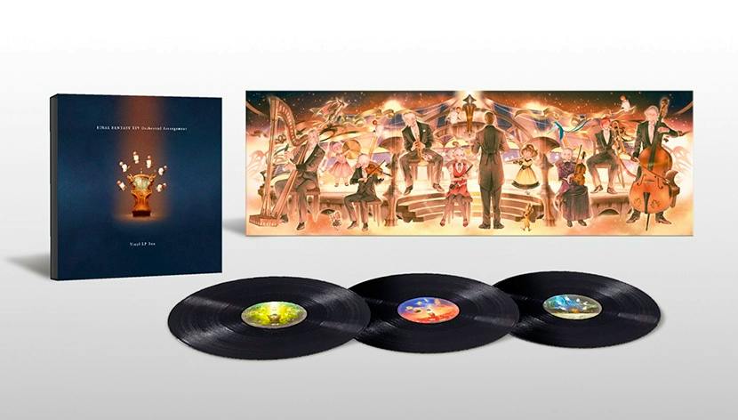 FINAL FANTASY XIV Orchestral Arrangement Vinyl LP box with three black vinyl records and an illustrated fold-out art print visible.