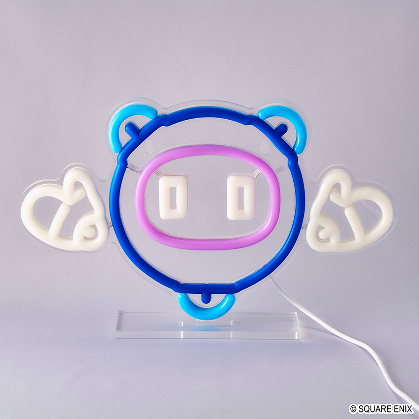 Neon-style LED table lamp 'Outrunner' from Final Fantasy XIV lit on a clear stand with its power cable visible.