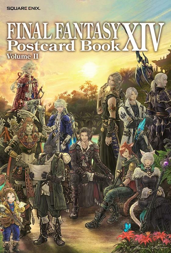 Cover art of FINAL FANTASY XIV Postcard Book Volume II showing a group of illustrated characters gathered in a sunset scene.