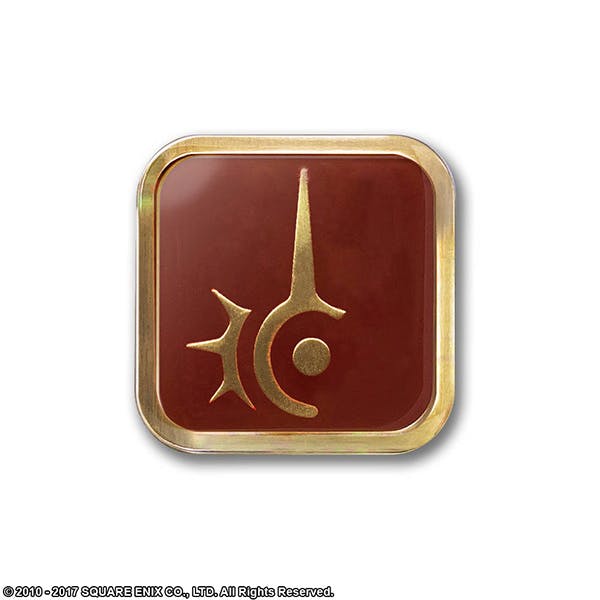 Front view of a square red and gold Final Fantasy XIV Red Mage job pin badge displaying the job symbol.