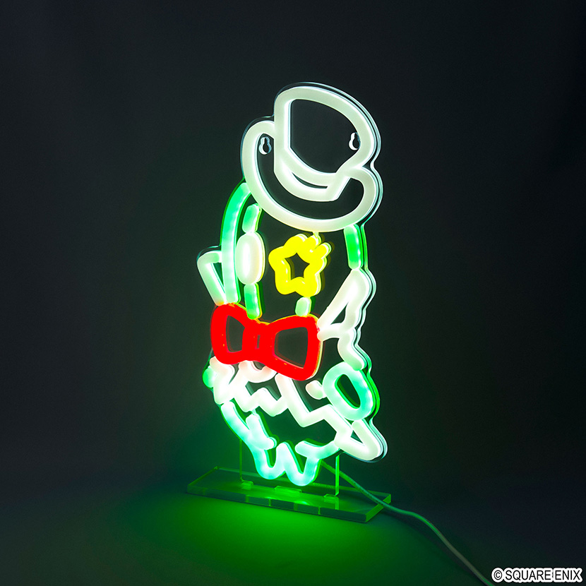 Lit neon LED table lamp of the Final Fantasy XIV “セニョール・サボテンダー” character on a clear base with a visible power cord.