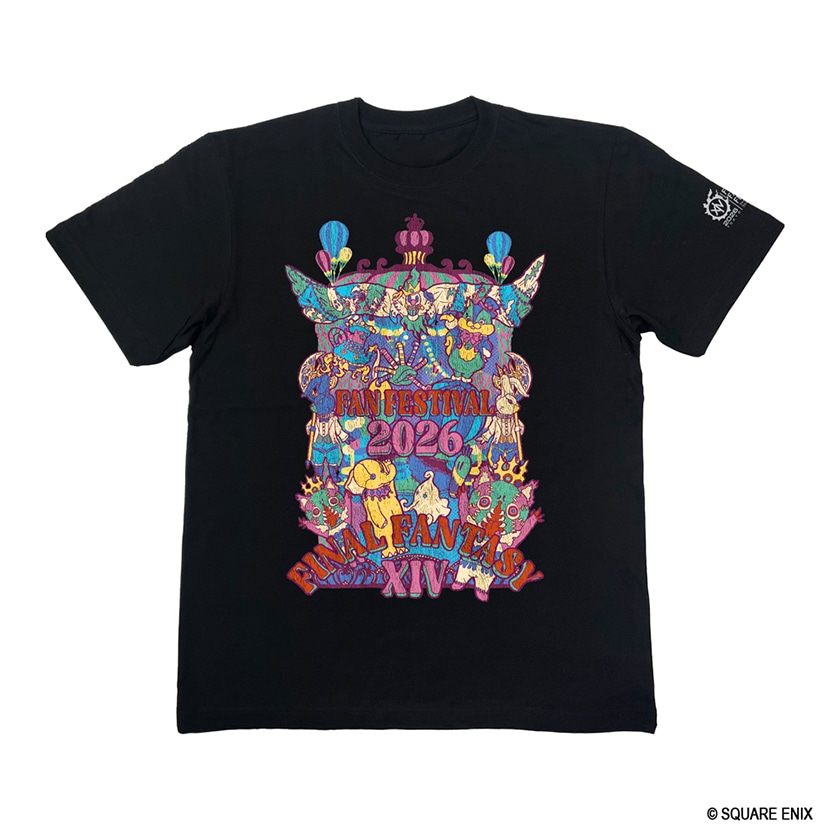 Front view of a black Final Fantasy XIV cotton T-shirt with a large colorful "Fan Festival 2026" graphic on the front and a small white logo on the sleeve.