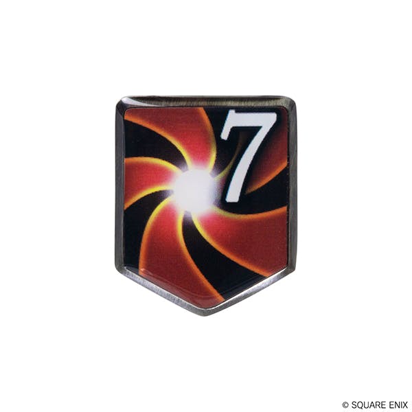 Front view of the Final Fantasy XIV status effect pin badge showing a red-and-black swirling icon with a white '7'.