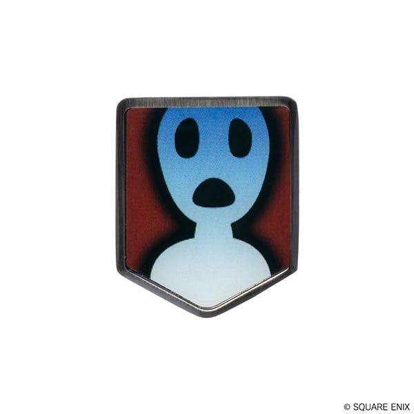 Front view of the Final Fantasy XIV "panic" status effect pin badge showing a blue shocked-face icon on a red background.