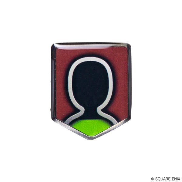 Front view of the Final Fantasy XIV status effect pin badge showing a head-and-shoulders silhouette on a red and green shield-shaped background.