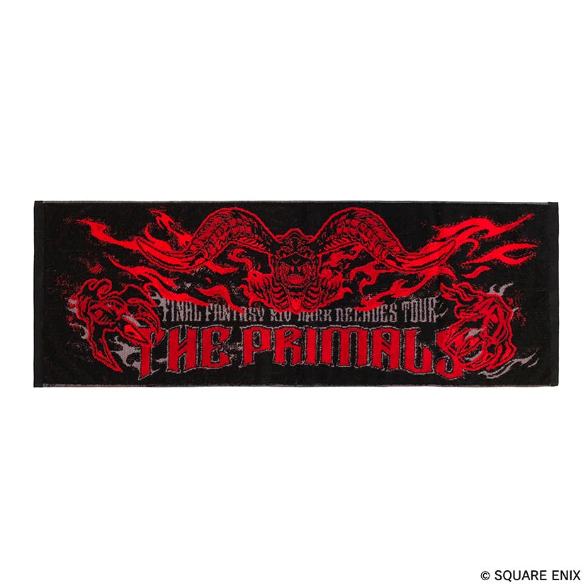 Black jacquard big muffler towel with red monster artwork and "THE PRIMALS" text from the FINAL FANTASY XIV Dark Decades Tour design.
