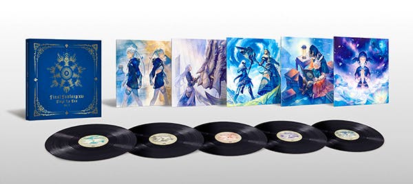 Photo of the FINAL FANTASY XIV Vinyl LP Box Vol. 2 showing the blue presentation box, five illustrated album sleeves, and five black vinyl records laid out.