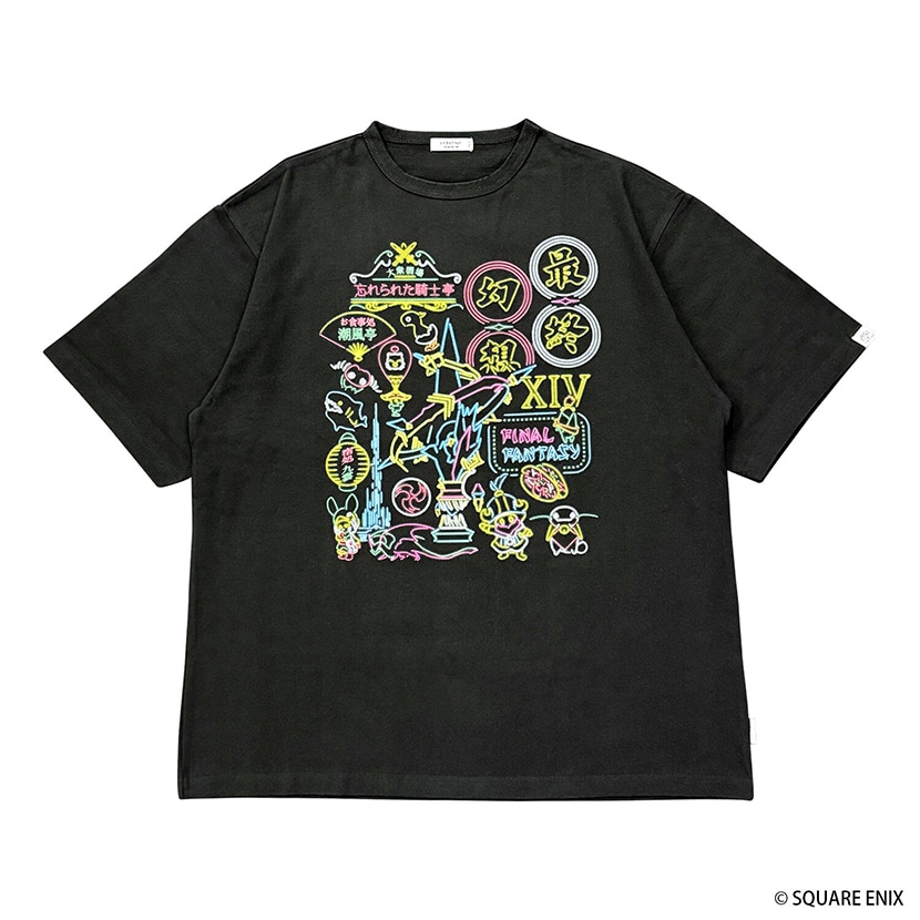 Front view of the black FINAL FANTASY XIV x Lit Baff Apt. Eorzea Neon T-shirt with a multicolored neon-style chest graphic.