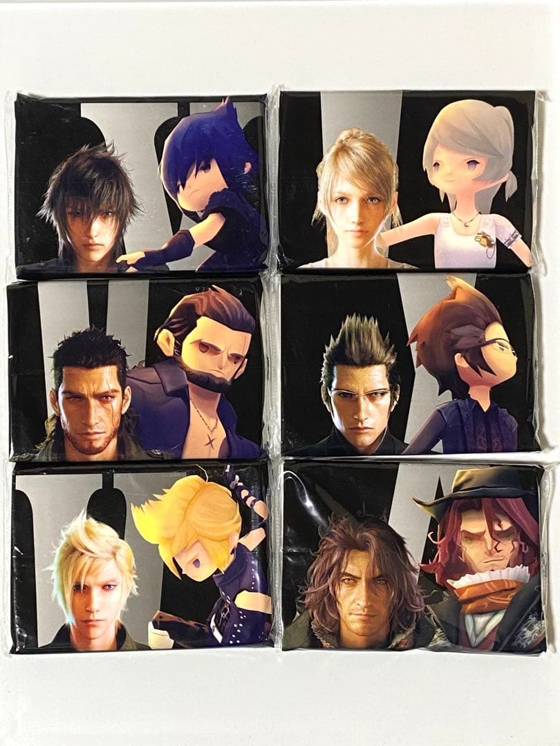 Six FF15 pocket tissue packs with different character portraits arranged in a 2x3 grid.