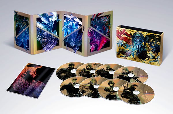 Photo of the FINAL FANTASY XVI Original Soundtrack Ultimate Edition contents showing multiple discs, a booklet, and illustrated packaging.