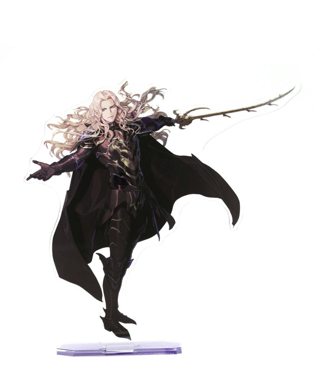 A clear acrylic decorative stand showing Dietrich in dark armor holding a sword, mounted on a purple base.