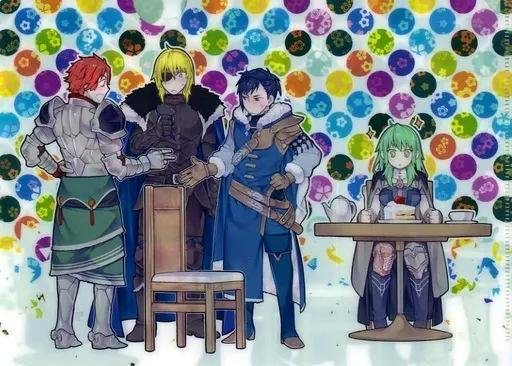 B5 clear file featuring a Fire Emblem cover illustration with four standing characters and one seated at a table against a colorful circular-pattern background.